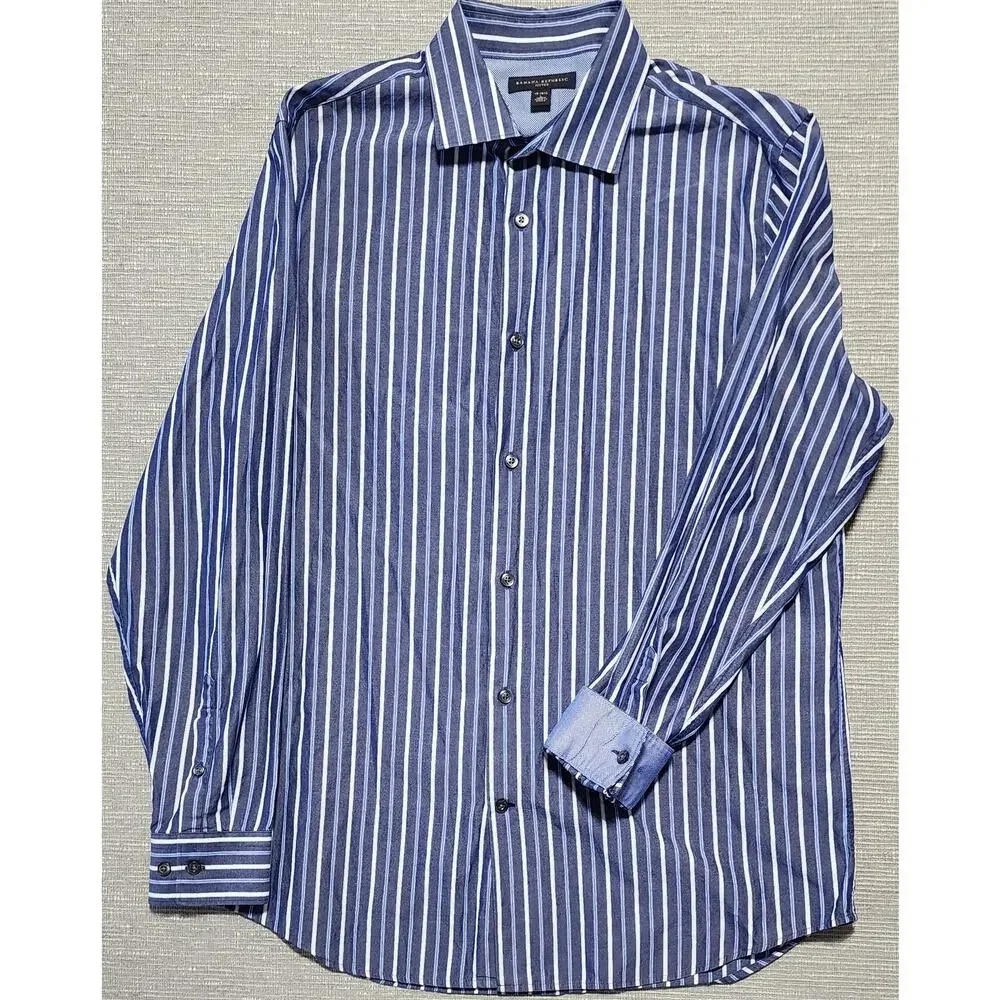 Banana Republic Fitted Dress Shirt Mens L‎ 16–16.5 Blue Stripe Long Sleeve